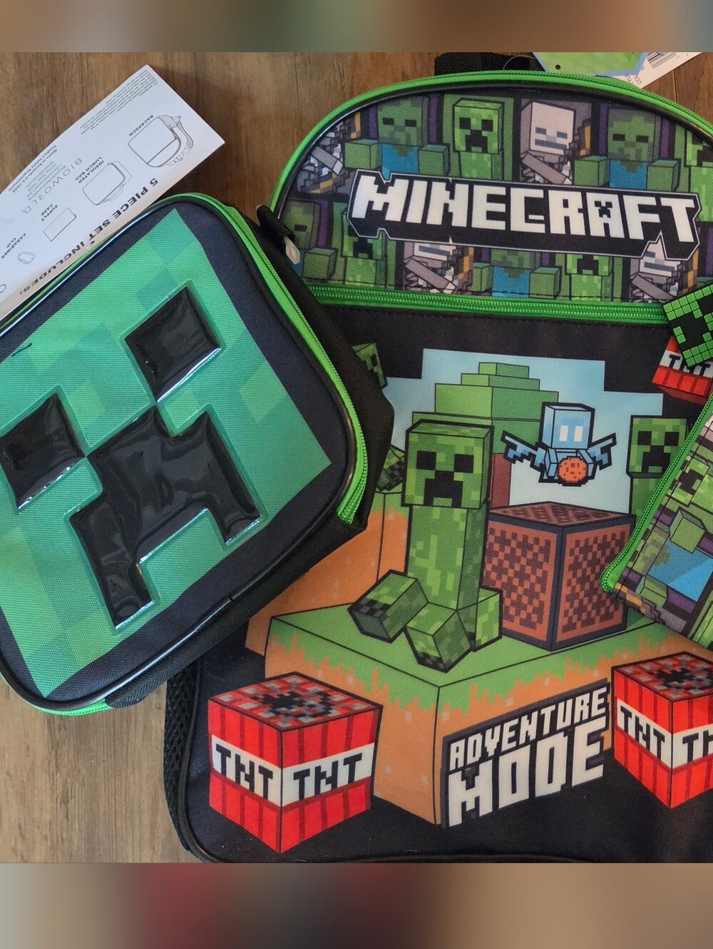 NWT Minecraft Creeper 5-Piece Backpack Set Kids School Bag